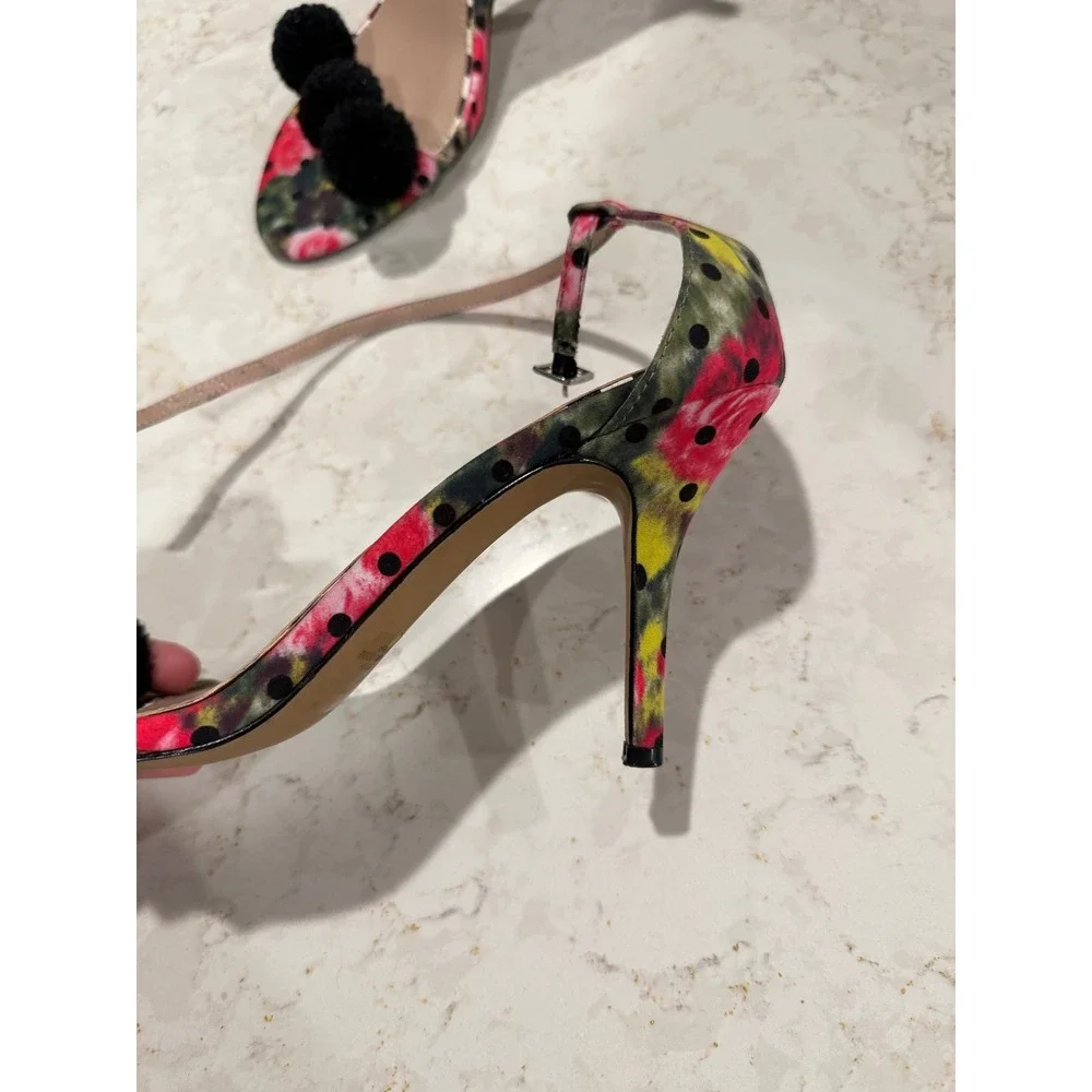 Betsey Johnson Lylly Floral Polka Dot Pom Pom Stiletto Heels Sandals Size 9B - Picture 5 of 7
